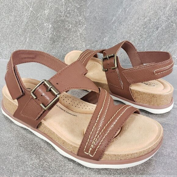 Clarks Collection Sandals 6.5 M Brown Leather Brynn Step Adjustable Strap Shoes - Picture 1 of 12